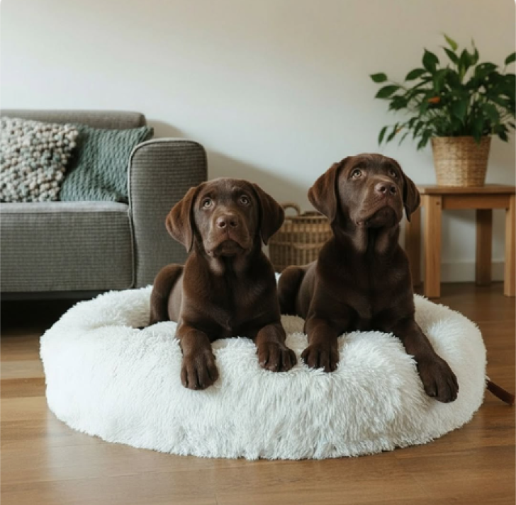 Brązowy labrador leżący na okrągłym, puszystym, białym legowisku MrFluffyFriend
